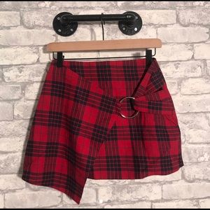 Red Plaid Asymmetrical Mini w/ Silver Hoop